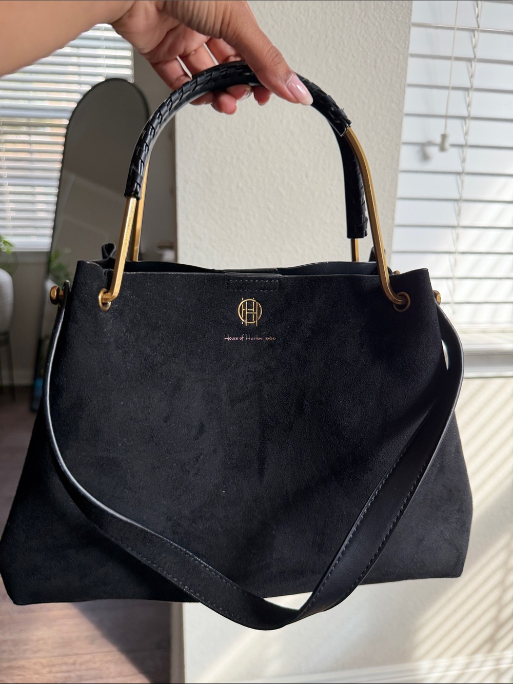 House of Harlow 1960 Black Suede Shoulder Bag with Gold Hardware